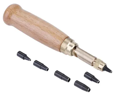 Obrázok produktu pre Dierkový lis na kožu s 6 vymeniteľnými dierkami, priemer 1,5 – 4 mm, s drevenou rukoväťou a kovovou konštrukciou