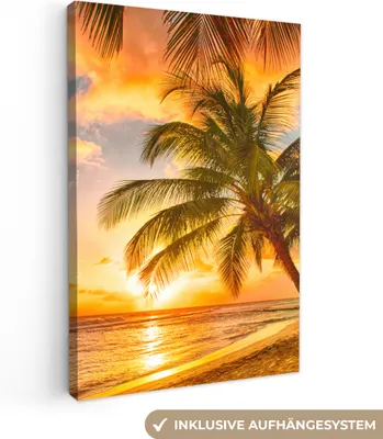 Produktbild von MuchoWow® - Leinwandbilder - Sonnenuntergang - Palme - Wolken - Meer - Strand, Wandbild, Wanddeko Bilder Wohnzimmer, 20x30 cm