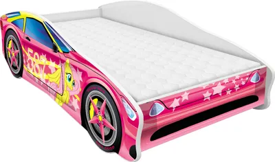 A pink toy car bed with a mattress, shown from a three-quarter side view on a white background.