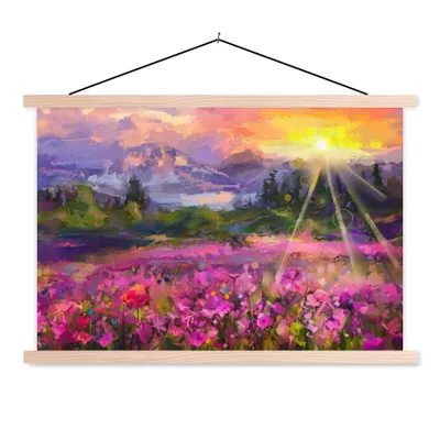 Produktbild von MuchoWow® Textilposter Gemälde - Ölfarbe - Blumen - Natur - Sonne 120x80 cm mit holzfarbenen Rahmen - Aufhängeset