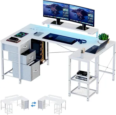 Imagen del producto de Escritorio de esquina - Escritorio en forma de L - Para trabajar desde casa - Con toma de corriente integrada - 170 x 95 cm - Blanco