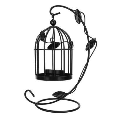 Image de Bougeoir rétro en fer avec design cage à oiseaux creuse, suspendu, lanterne, décoration d'intérieur (noir)