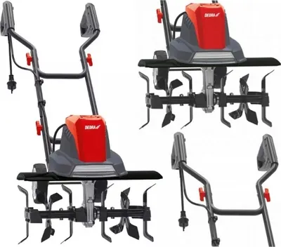 A collage of four images showing a garden tiller from different angles.