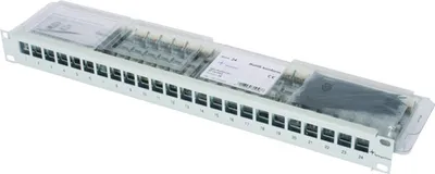Produktbild von TELEGÄRTNER 19"-Modulträger 1 HE, mit 24 AMJ-S-Modulen Cat.6A (Class EA) (ISO/IEC), grau