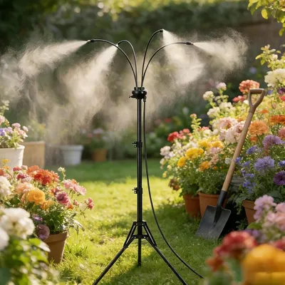 Produktbild von Sprühnebel-Kühlsystem, 360° verstellbare Düsen&Höhenanpassung, Stehender Nebelkühler, Gartenpumpen, leistungsstarke Kühlung für Terrasse, Garten Pool