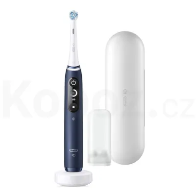 A blue electric toothbrush with its charging base and travel case, presented on a white background.
