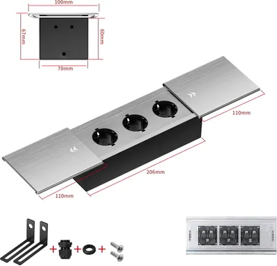 A product shot of a silver and black recessed power outlet with dimensions indicated.