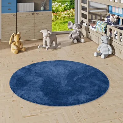 Produktbild von Super Soft Kinder Hochflor Teppich Silky Kids Dunkelblau Rund, Größe:160 cm Rund