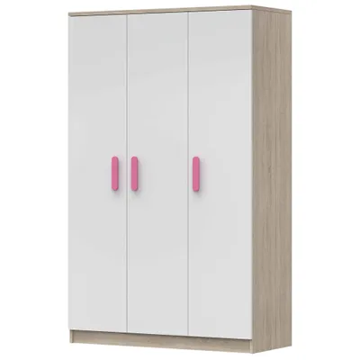 Produktbild von Kleiderschrank Drehtürenschrank Kinderkleiderschrank Schrank 120cm Sonoma Eiche/Weiß mit rosa Griffe - JONAS 19