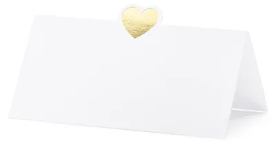 Tischkarten 10 Stück, weiß mit goldenen Herzen, 10x5 cm