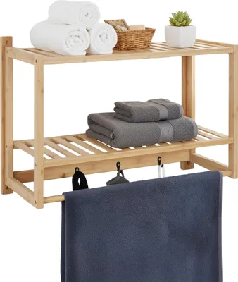 Obrázok produktu pre Nástenná polica Relaxdays do kúpeľne, VxŠxH: 40 x 60 x 23,5 cm, bambus, vešiak na uteráky, 3 háčiky, závesná polica do kúpeľne a kuchyne, prírodná farba