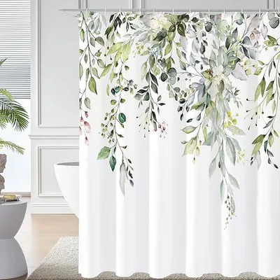 Produktbild von Duschvorhang Badewannenvorhang, mit Eukalyptus Motiv, mit floralem Badezimmerdekor, wasserdichtes aus Stoff mit Haken, 180 x 180 cm, Weiß
