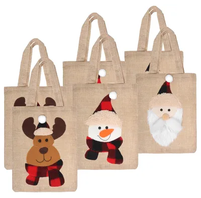 6 Jute-Geschenktüten mit Henkeln, Weihnachtsmotive, 20x26 cm