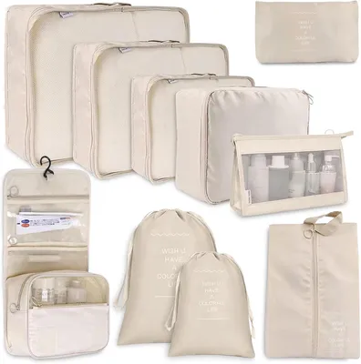 Imagen del producto de Set de maletas organizadoras, de 10 piezas, color beige, para ropa y zapatos