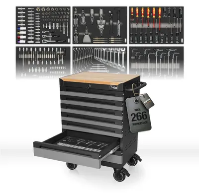 Produktbild von Mephisto Werkstattwagen „MONO“ Industrial Line mit 7 Schubladen und 266-teiligem Werkzeugsatz inkl. Holzabdeckung
