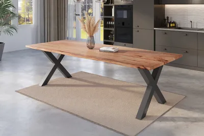 Produktbild von Esstisch Baumkante massiv Akazie natur 240 x 100 schwarz X-Gestell NICK