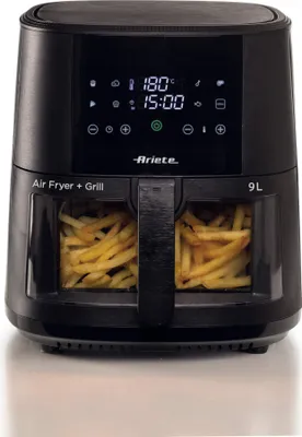 A black air fryer with french fries inside, displayed on a white background.