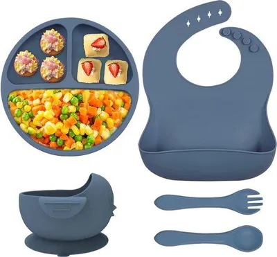 Produktbild von Famanu Babygeschirr Set mit Silikon-Babyplatte und Lätzchen - BPA-frei