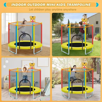 Produktbild von Kindertrampoline - Gartentrampolin - mit Spielzeug für draußen - Sicherheitsnetz - Basketballkorb - Robuste Sprungmatte - für Jungen und Mädchen - Rund - 150x150x120cm - Gelb