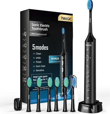Produktbild von 7MAGIC Elektrische Zahnbürste, Schallzahnbürste mit 60 Tage Akkulaufzeit, 5 Putzmodi Zahnbürste Elektrisch IPX7 Sonic Electric Toothbrush mit 6 Bürstenköpfe, Timer, schwarz