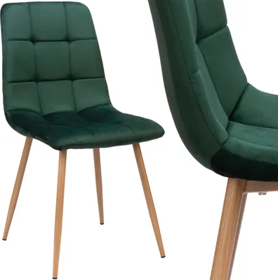 A dark green velvet chair is shown from the side and a close-up view of another chair is shown.