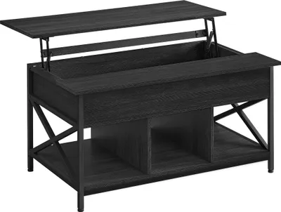 A black lift-top coffee table with hidden storage.