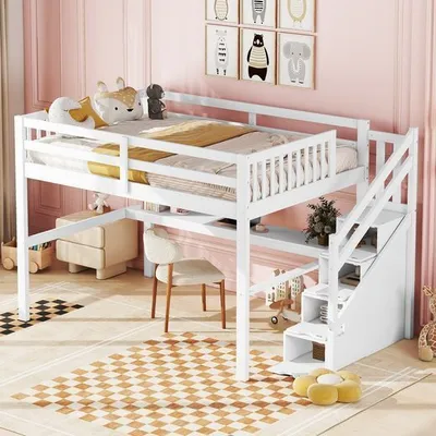 Produktbild von Odikalo Kinderbett Hochbett Stauraum Treppen Schubladen Schreibtisch 140x200cm Weiß