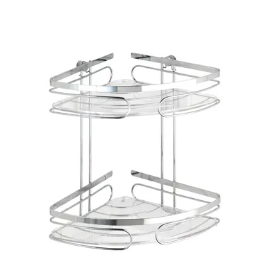 A two-tiered chrome corner shelf for a shower or bathroom.