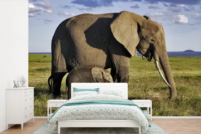 Produktbild von MuchoWow® Fototapete für Wohnzimmer oder Schlafzimmer Wandtapete Vinyl Motivtapete Elefantenmutter und -baby in der Savanne - 390x260 cm - Papiertapete