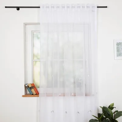 Produktbild von Gardinenstoff Meterware Voile Stickerei Fransen Blumen Bogenkante weiß grau beige 280cm ecru