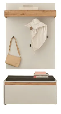 A three-piece wardrobe set with a shelf, hooks, a scarf, a handbag, and a bench with books on top.