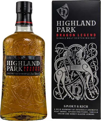 A bottle of Highland Park Dragon Legend whisky and its accompanying box are displayed side-by-side against a white background.