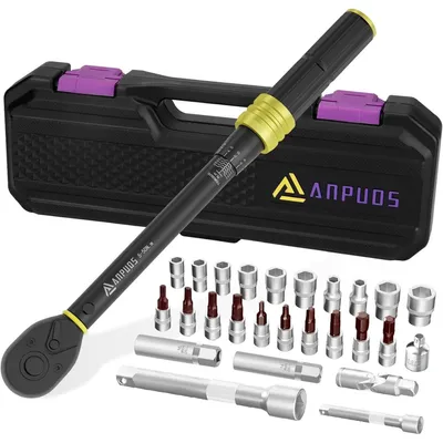 Produktbild von Drehmomentschlüssel 3/8", 5-50Nm, 27-tlg. Set mit Verlängerungsstange, Adapter, Zündkerzenhülse, Universalgelenk, Bits