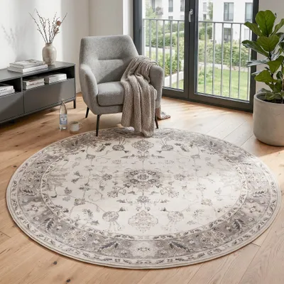 Image de Homebyhome Tapis lavable vintage tapis rond salon chambre design oriental entretien facile Taille: 160 cm rond