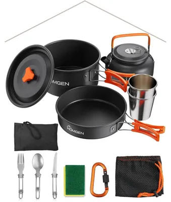 Productafbeelding van Camping kookgerei set, aluminium, antiaanbaklaag, inklapbare handgrepen, draagtas, oranje, geschikt voor 2-3 personen