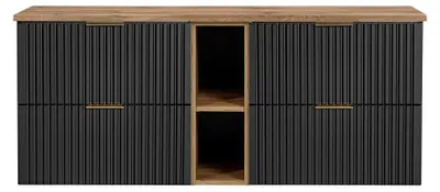 Immagine prodotto di Insieme mobile sotto lavabo NOXERA 140 cm – Nero opaco e rovere – 2 mobili + 2 nicchie + piano per lavabi