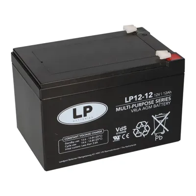 A black battery with white text and logos on a white background.