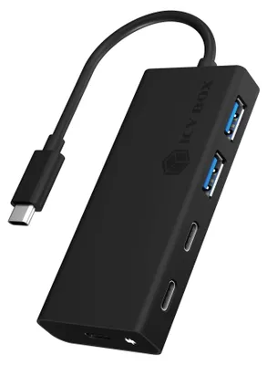 Produktbild von ICY BOX IB-HUB1426-CPD, USB 3.2 Gen 1 Type-C® Hub zu 2x Type-C® und 2x Type-A USB Anschlüssen und Power Delivery bis zu 60 W, USB 3.2 Gen 1 (3.1 Gen 1) Type-C, USB 3.2 Gen 1 (3.1 Gen 1) Type-A, USB 3.2 Gen 1 (3.1 Gen 1) Type-C, 5000 Mbit/s, Schwarz, Aluminium, Kunststoff, 60 W