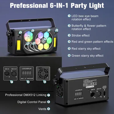 Produktbild von 6-in-1 LED-Effektlicht - DMX-Bühnenlicht - 80 W - 15 Kanäle - DMX512 - Soundaktiviert - Fernbedienung - Schwarz
