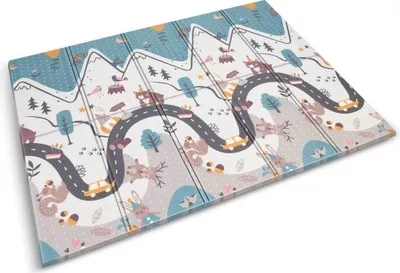 A folded foam play mat with a road and animal theme.
