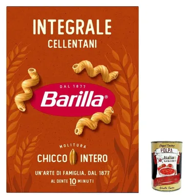 Produktbild von Barilla Integrale Cellentani Vollkorn-Pasta 30x 500 g, 100% Vollkorn-Hartweizen, ballaststoffreich, vegan Spiralnudeln mit perfekter Soßenbindung, al dente in 10 Minuten + Italian Gourmet polpa 400g