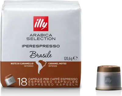 A package of Illy Iperespresso coffee capsules with a single capsule shown next to it.