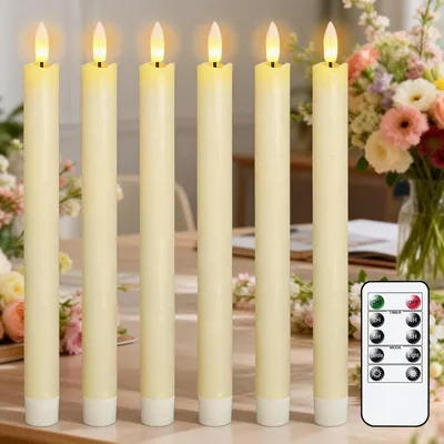 Produktbild von LED Stabkerzen mit Timerfunktion, flackernde Flamme Echtwachskerzen mit Fernbedienung, Elfenbein Stabkerzen led 6 Stück (2 x 25CM) für Weihnachtsdeko, Zimmer Deko, Hochzeit und Party