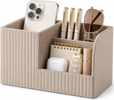Schreibtisch-Organizer aus PU-Leder, 3 Fächer, beige