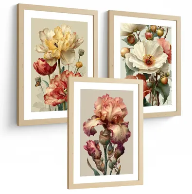 3er-Set A3 Blumenposter, botanische Wanddekoration, ohne Rahmen