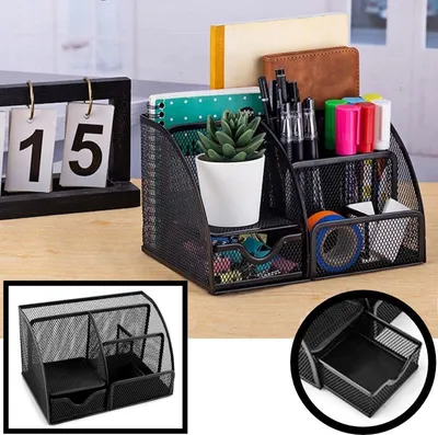 Produktbild von Schreibtisch-Organizer aus Mesh-Metall, schwarz – Stiftehalter mit 6 Fächern und 1 Schublade, kompakte Ablage 22 x 14 x 13 cm für Stifte, Haftnotizen, Büroklammern, Homeoffice und Büro
