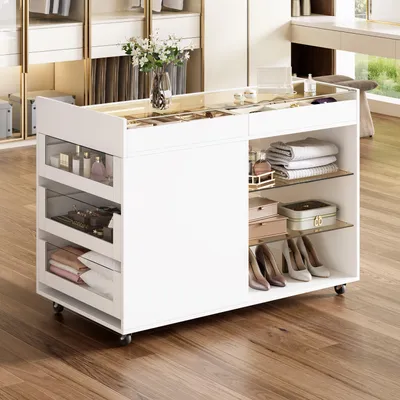 Produktbild von Flieks Glas-Sideboard mit 5 Schubladen, Facheinteilung, Mehrfach-Aufbewahrungsschrank mit Lenkrollen, Kommoden 110x60x79cm, Weiß