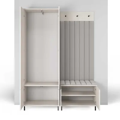 Produktbild von Garderoben-Set Ritmo Version 1 – gefräster Kleiderschrank mit hohen Füßen, gepolsterte Wandpaneele, Schuhschrank, für den Flur (cashmere, Trinity 02)