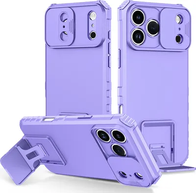 Produktbild von Dual Layer Hülle für iPhone 17 Pro Stossfest Robust Ständer Schutzhülle mit Schiebe Kamera Schutz Lila
