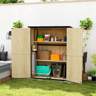 Produktbild von Gartenschrank Holz & Stahl, Geräteschuppen Tannenholz, Asphaltdach, verschließbar, Naturholz | 140 x 74 x 173 cm | 29 kg | 2 Regale
